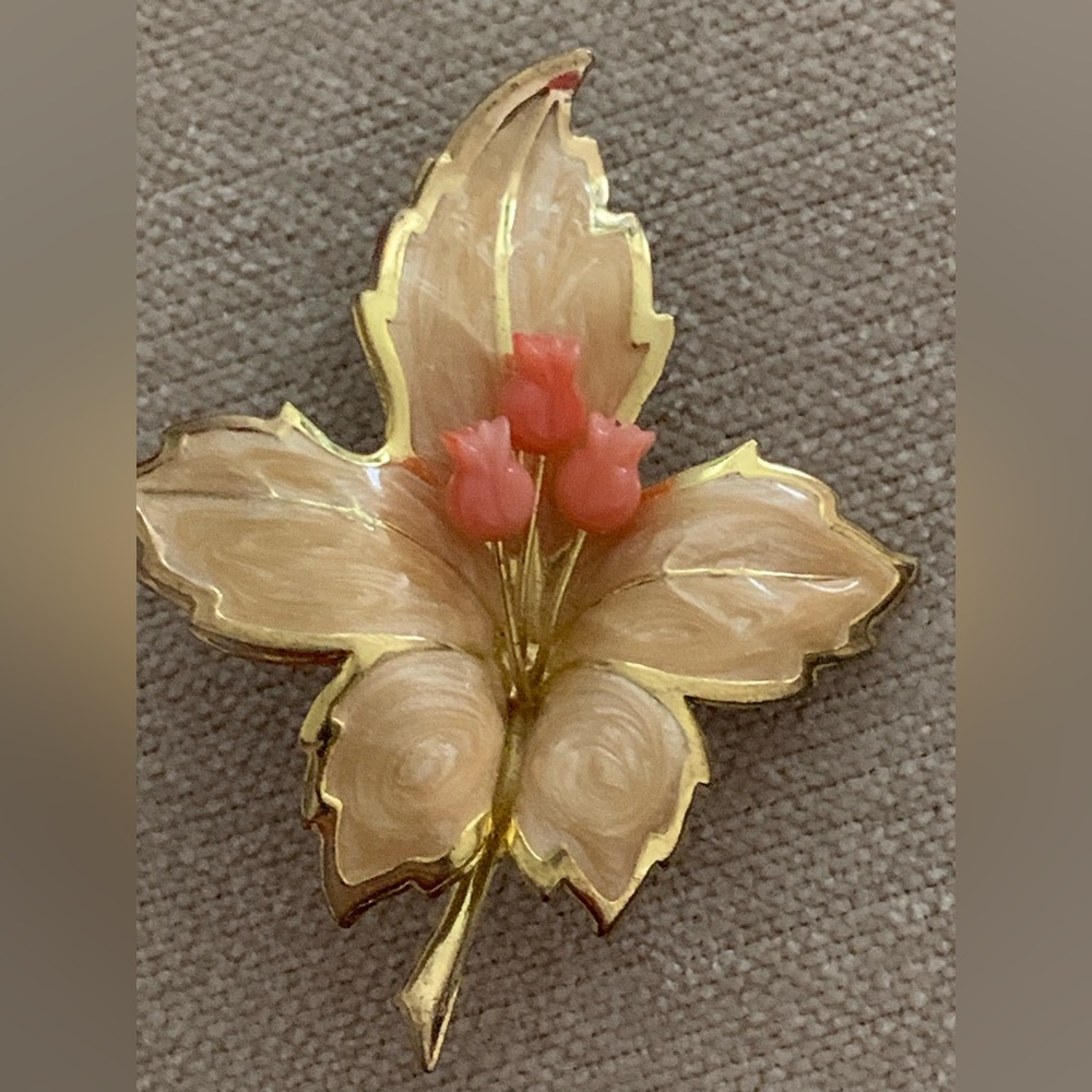 Gold-Tone Cream Leaf Brooch with Pink Accent Flowers